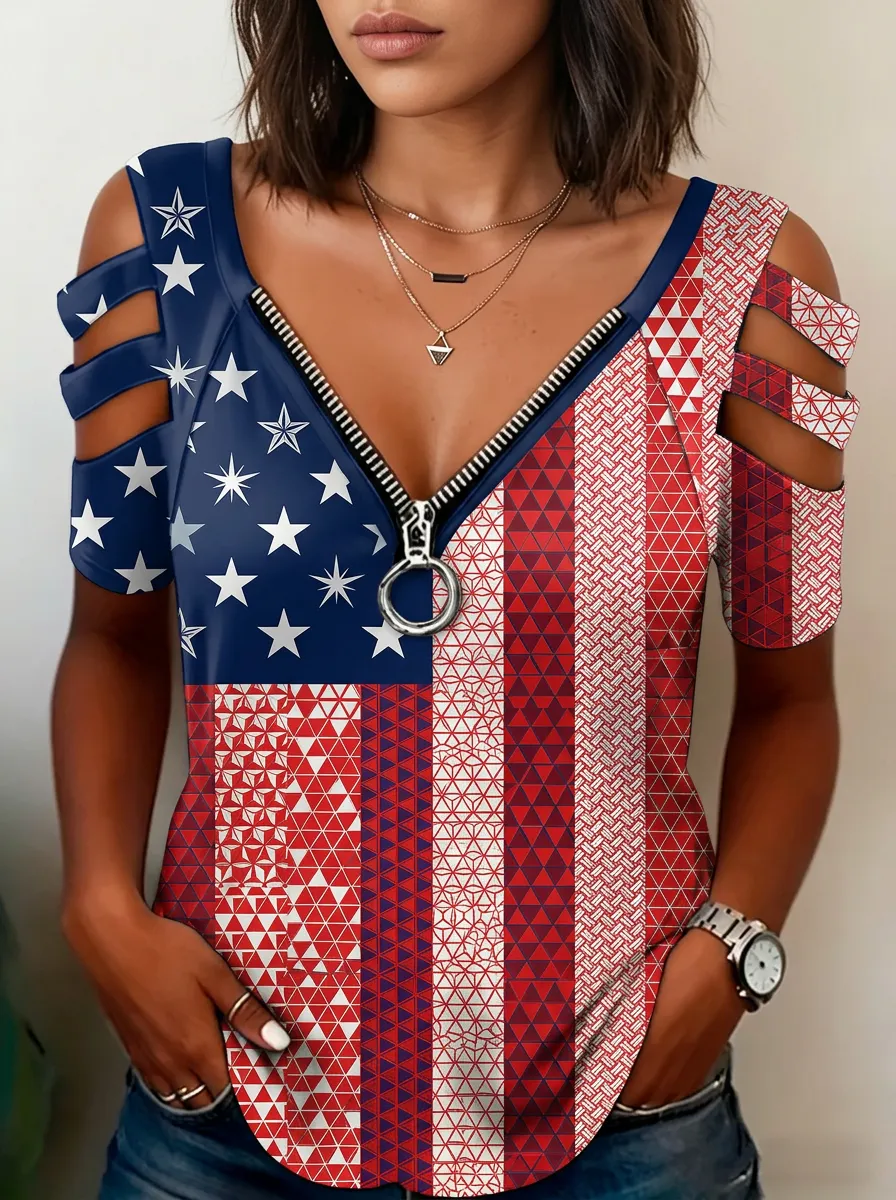 Women's Nashville USA Flag Geometric Printed Cold Shoulder Zip Top