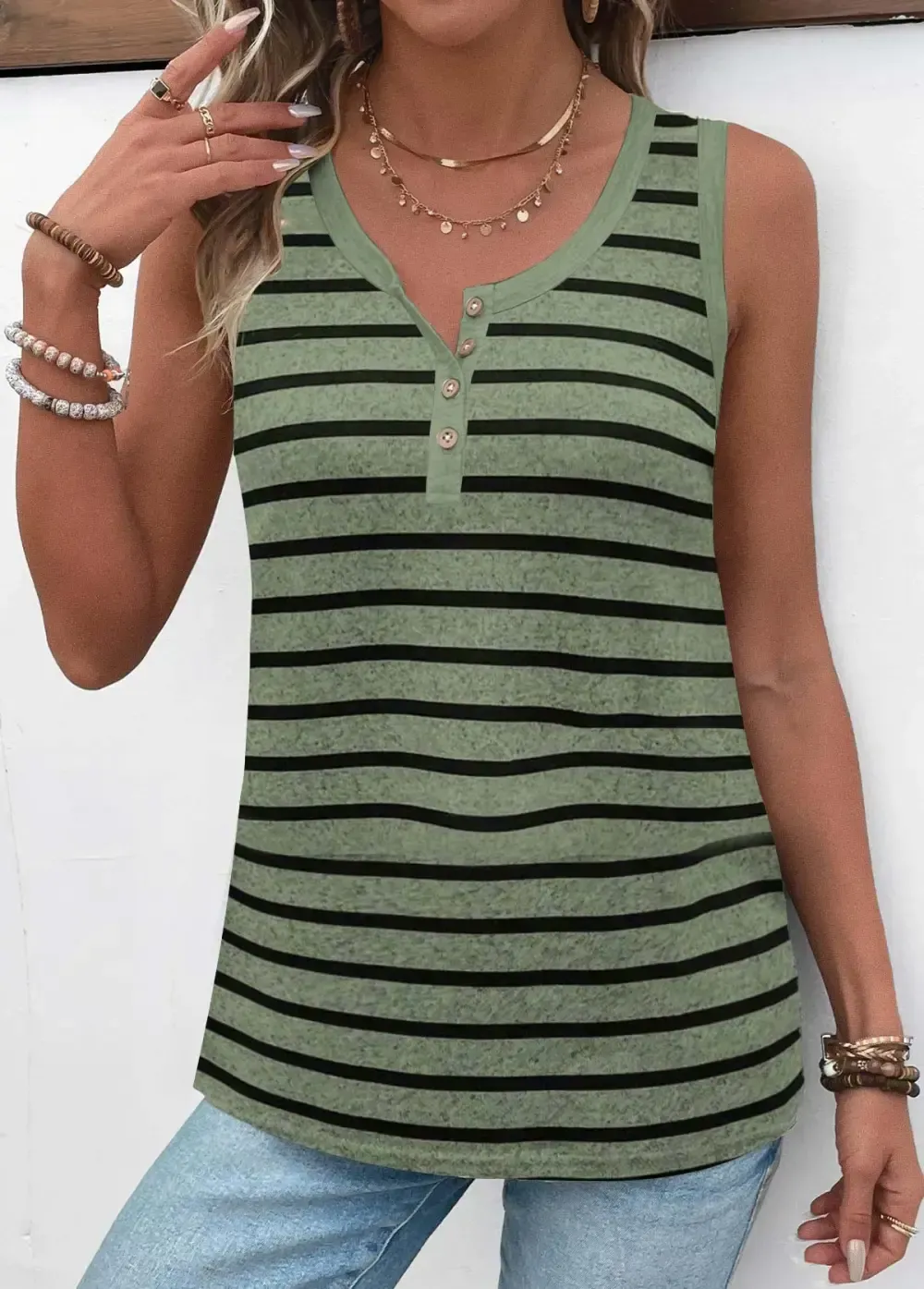 Green Button Striped Sleeveless Round Neck Tank Top