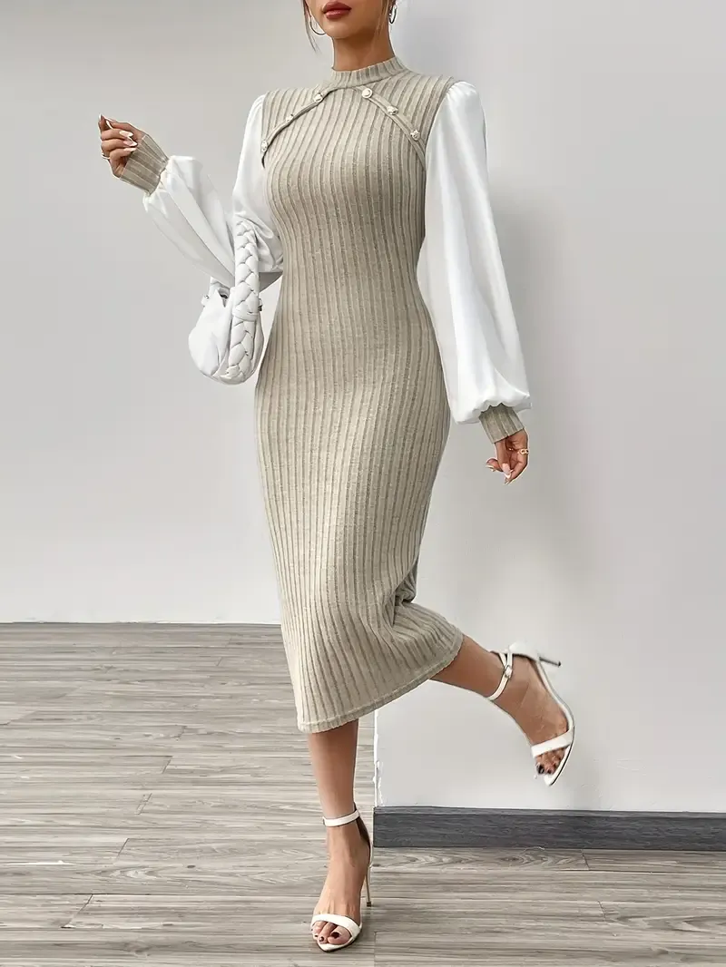 Elegant Women's Midi Dress with Ribbed Detail - Chic Mock Neck, Long Sleeve, Stretchy Pencil Skirt Style in Beige and White - Machine Washable for Spring & Autumn