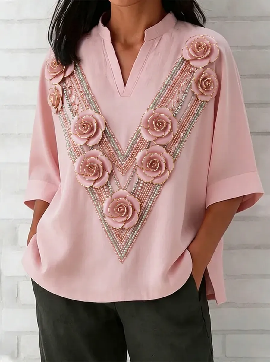 Women's Nashville Floral 3D Rose Beaded V-Neck Printed Top