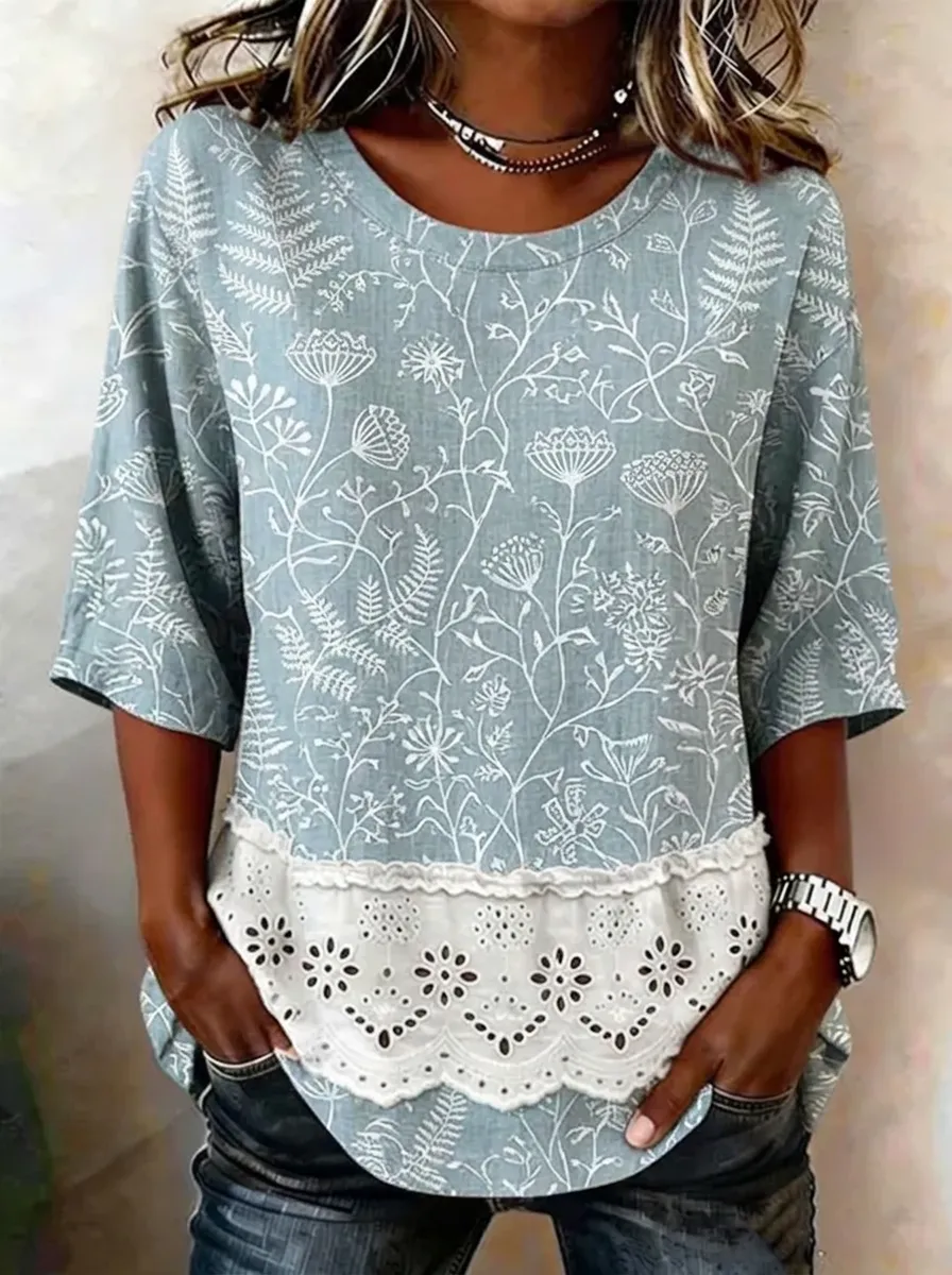Women's Nashville Botanical Floral Lace Trim Printed Top