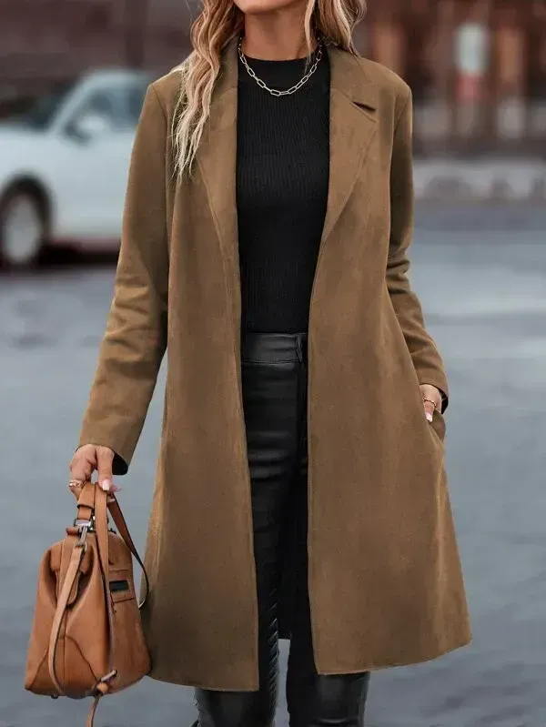 Lapel Neck Slant Pockets Open Front Belted Coat