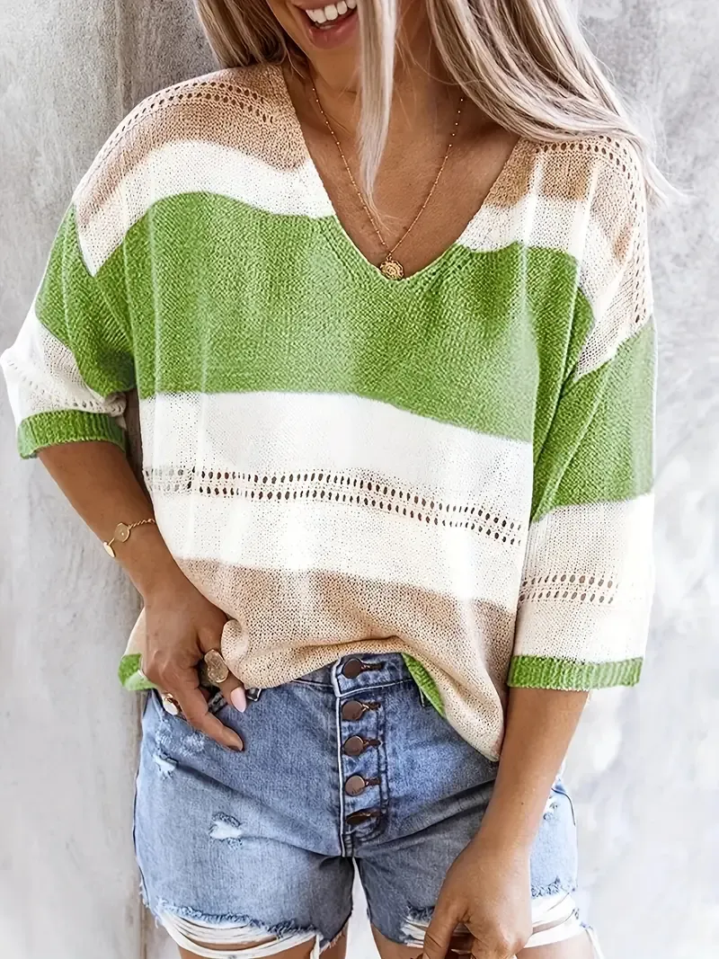 Women'S Casual Striped V-Neck Knit Top with Cut-Out Detail - Lightweight, Breathable, Perfect for Spring/Summer, Casual Attire|Striped Top|Vneck Top