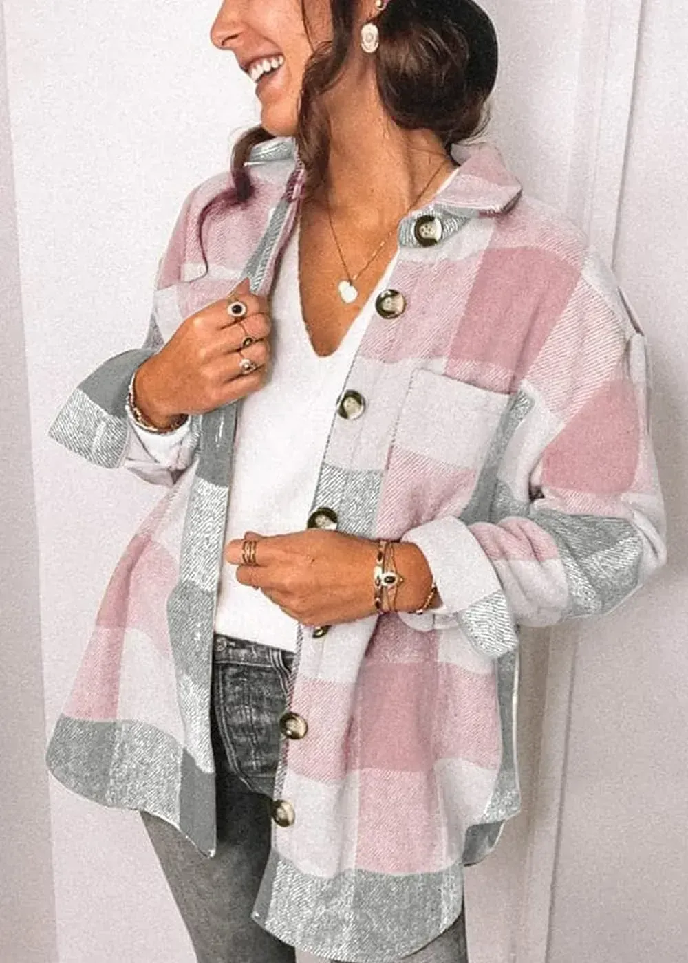 Women's 2023 Fall Clothes Plaid Shacket Jacket Long Sleeve Button Down Flannel Shirts Fashion Blouse