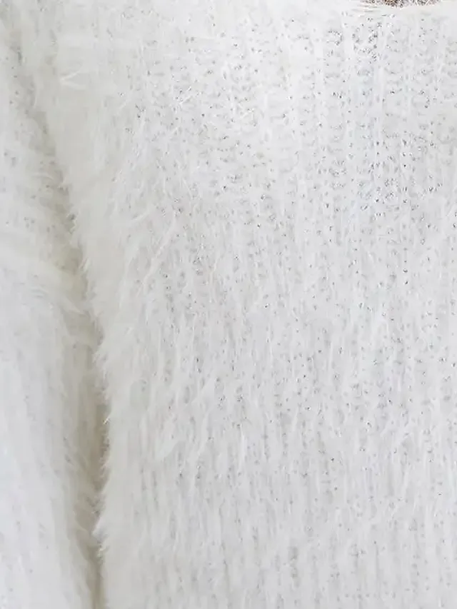 Women's Pullover Sweater Jumper Crew Neck Fuzzy Knit Cotton Blend Glitter Oversized Fall Winter Regular Daily Weekend Casual Long Sleeve Solid Color White Pink S M L