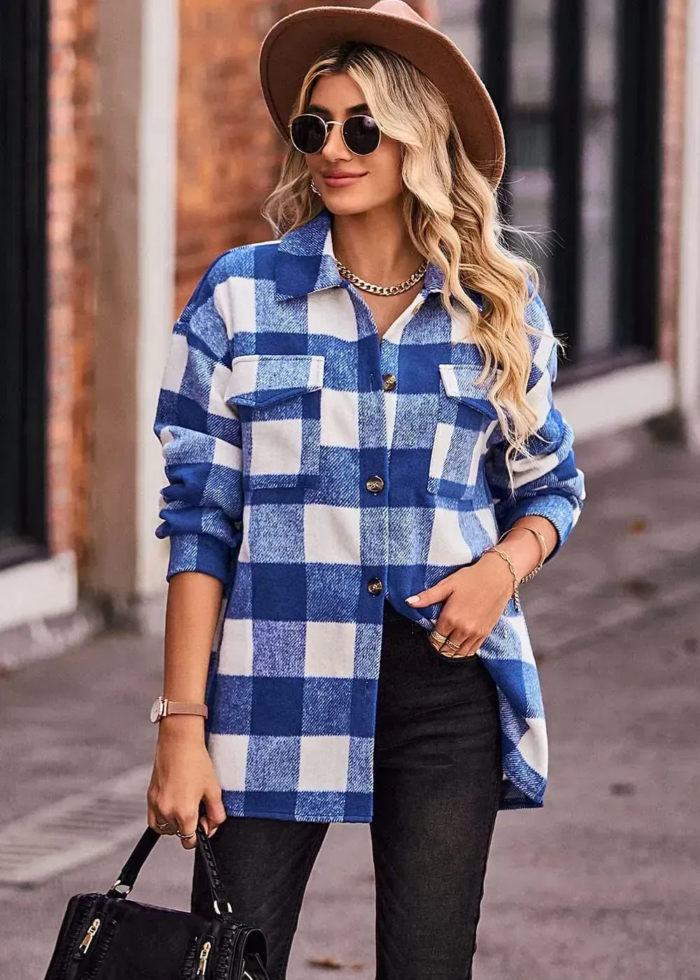Women's 2023 Fall Clothes Plaid Shacket Jacket Long Sleeve Button Down Flannel Shirts Fashion Blouse