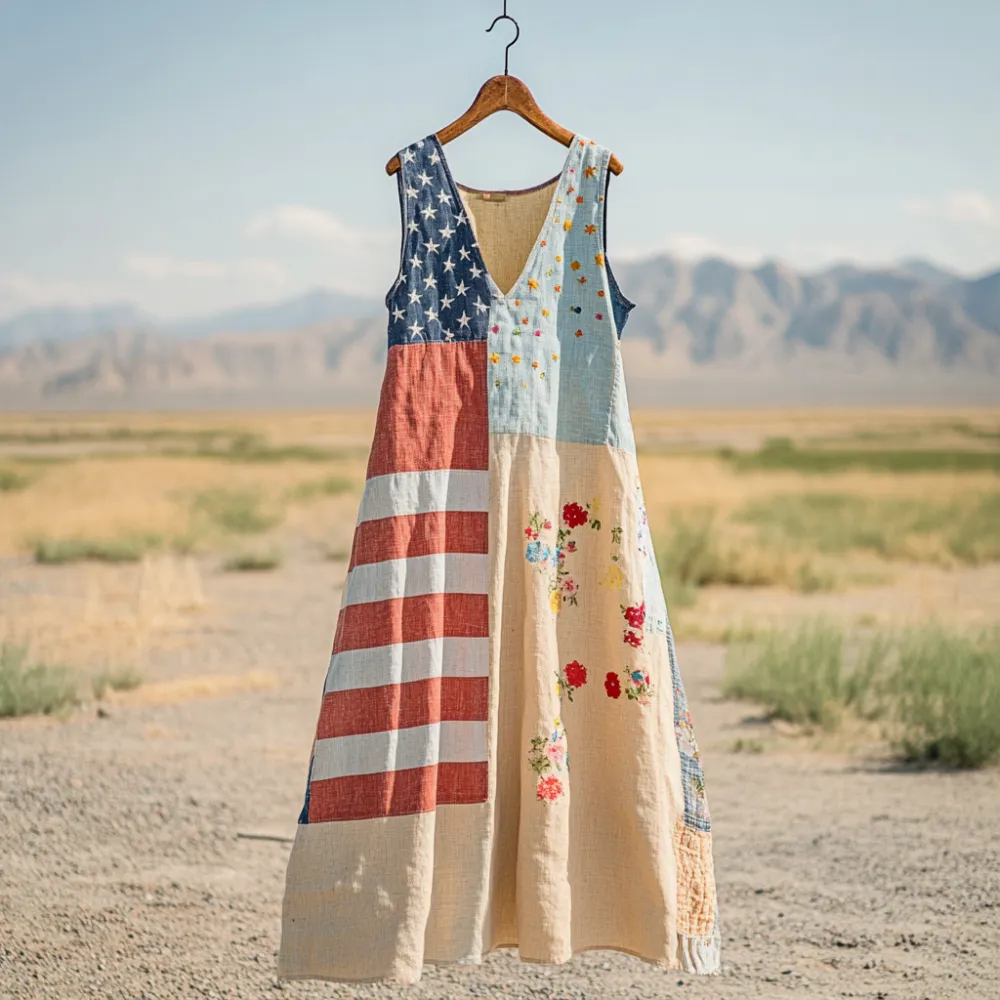 Women's Independence Day Flag Print Cotton And Linen Dress
