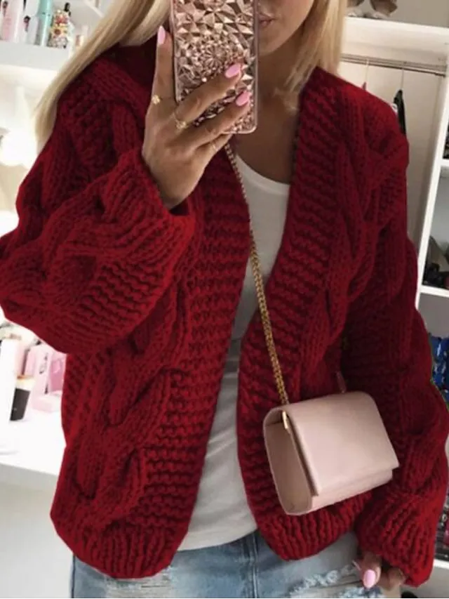 Women's Cardigan Knitted Solid Color Basic Casual Chunky Long Sleeve Loose Sweater Cardigans Hooded Open Front Fall Winter Wine Dusty Rose Gray