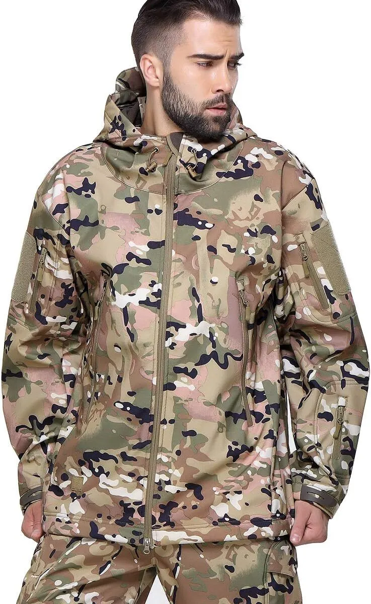 Men's Camo Quiet Hunting Jacket Waterproof Softshell Fleece Lined Camouflage Outdoor Hiking Fishing Coat