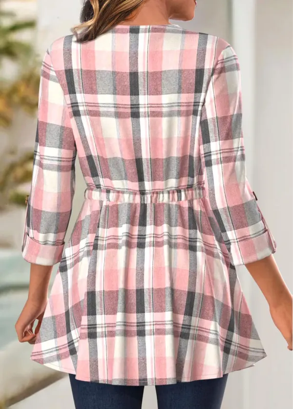 Pink Button Plaid Long Sleeve Coat