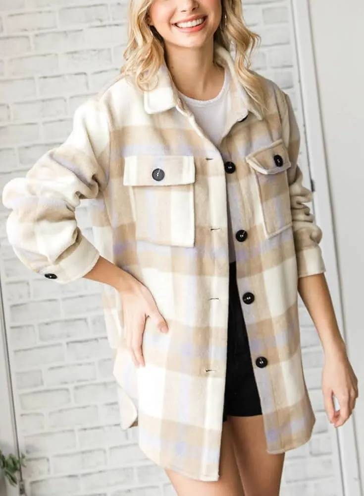 Women's Flannel Plaid Shacket Long Sleeve Button Down Chest Pocketed Shirts Jacket Coats