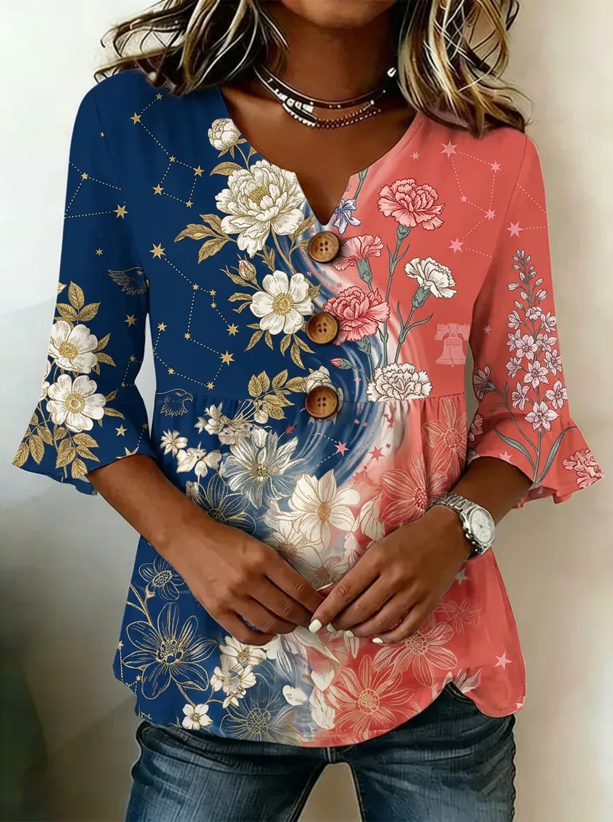 Women's Nashville Floral Constellation Printed Button V-Neck Top