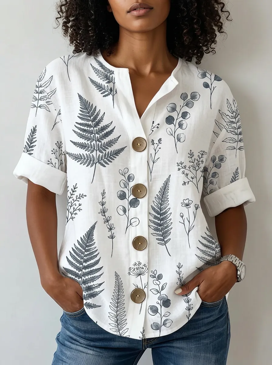 Women's Nashville Botanical Fern Printed Button-Down Shirt