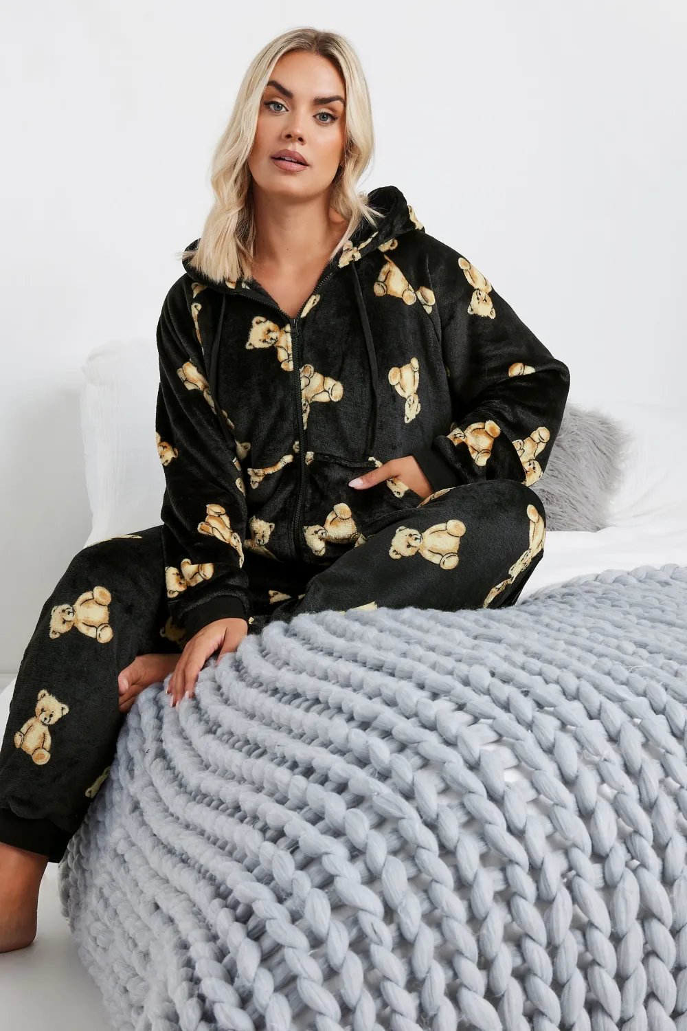 YOURS Curve Black Soft Touch Teddy Bear Onesie