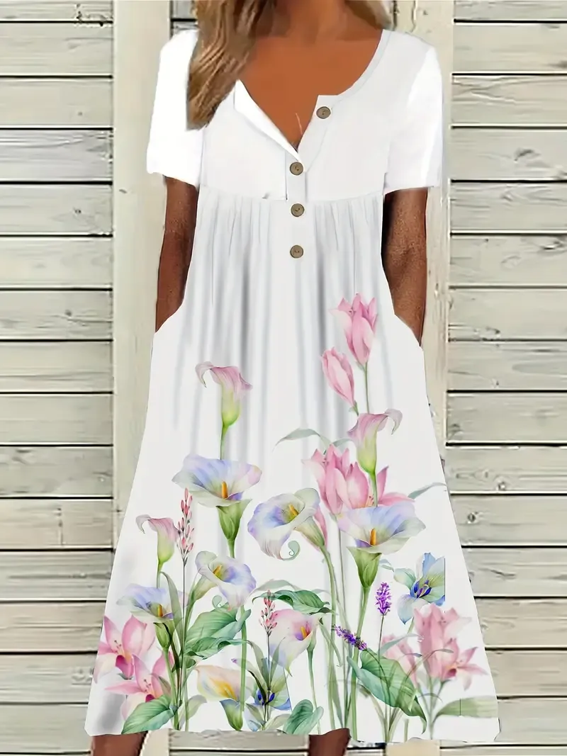 Women'S Plus Size Floral Print Tunic Dress, Polyester 95% Spandex 5% Knit Fabric, Crew Neck Short Sleeve with Pockets, Spring/Summer Vacation Style, Big-Tall Silhouette, Midi Length, Half Placket Button Detail