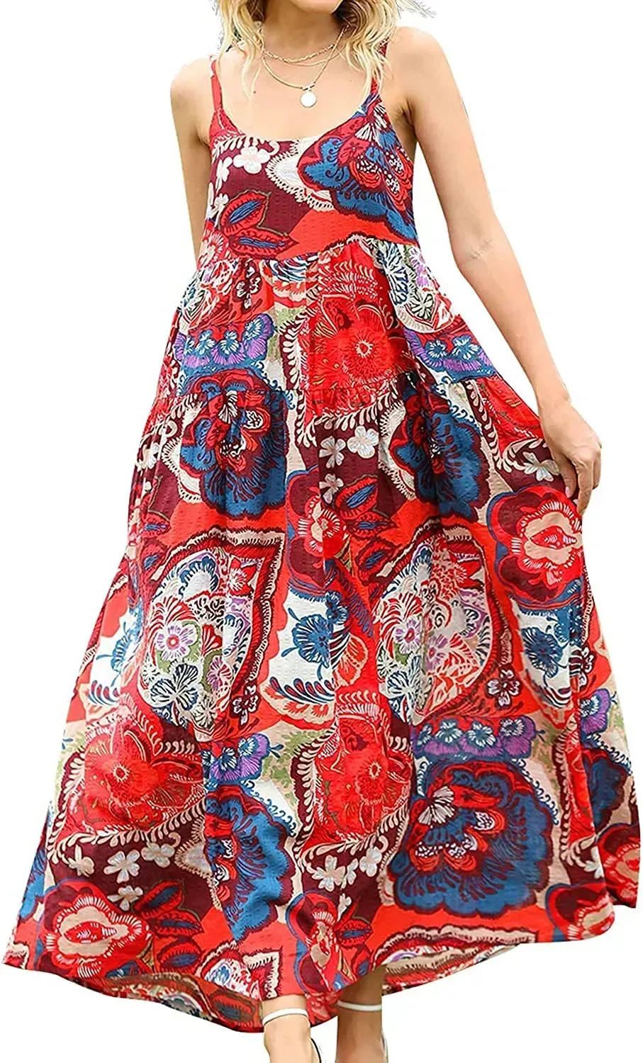 Summer Dresses for Women Casual Loose Bohemian Floral Dress with Pockets Spaghetti Strap Maxi Dress E75