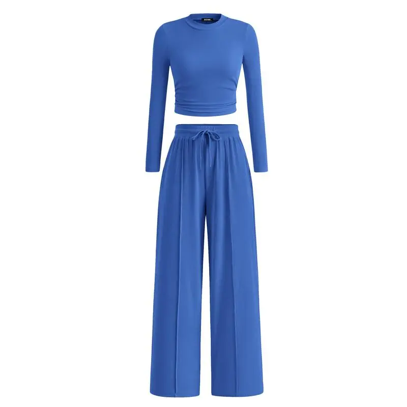 2-Piece Ribbed Knit Long Sleeve Crop Top Wide Leg Pants