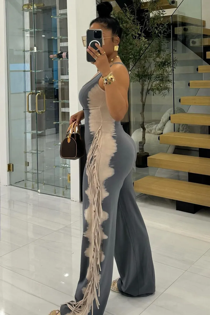 U Neck Cutout Wide Leg Side Fringed Sleeveless Jumpsuit-Grey