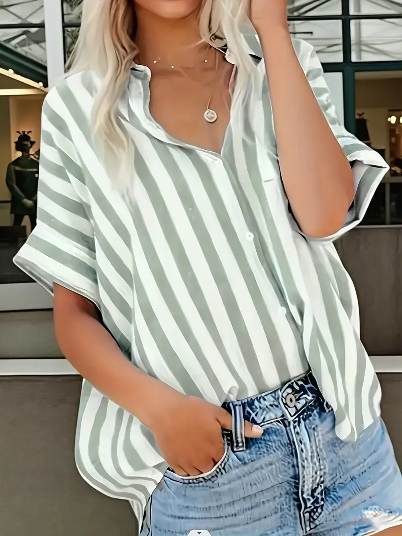 Stripe Print Button Front Blouse - Casual Short Batwing Sleeve Top For Spring & Summer - Women's Clothing - Soft & Breathable Fabric - Perfect for Casual Outings & Everyday Wear - Ideal Gift for Women