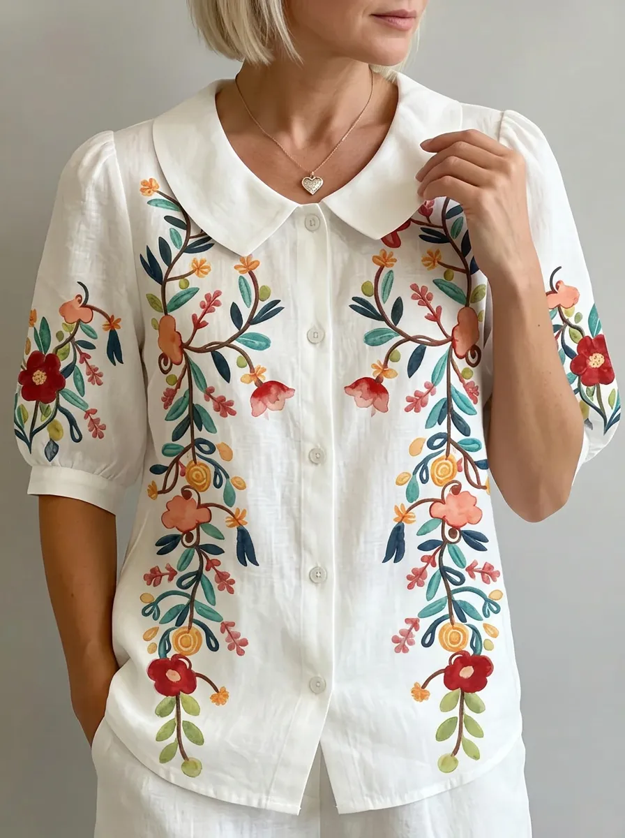 Women's Nashville Floral Botanical Printed Button-Down Shirt