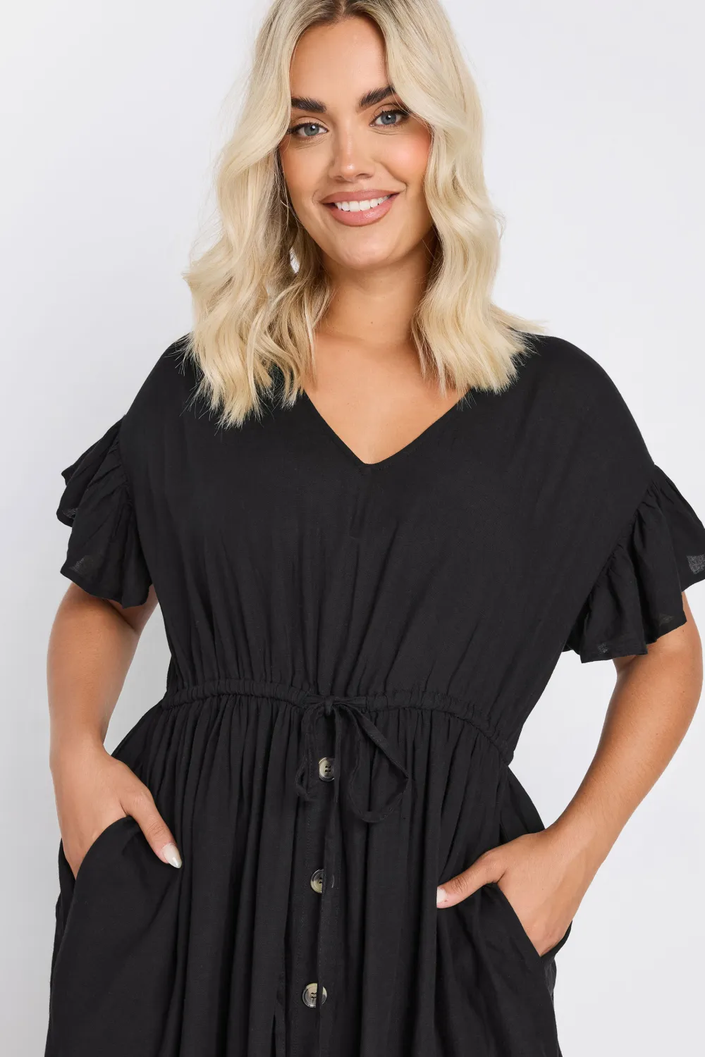 YOURS Curve Black Frill Sleeve Linen Maxi Dress