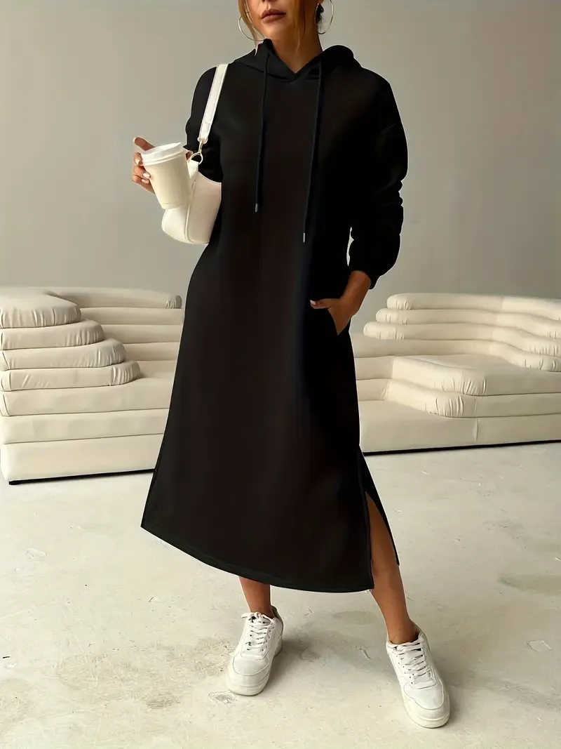 Women's Letter Print Drawstring Hooded Sweatshirt Dress, Long Sleeve Loose Casual Fall Winter Dress