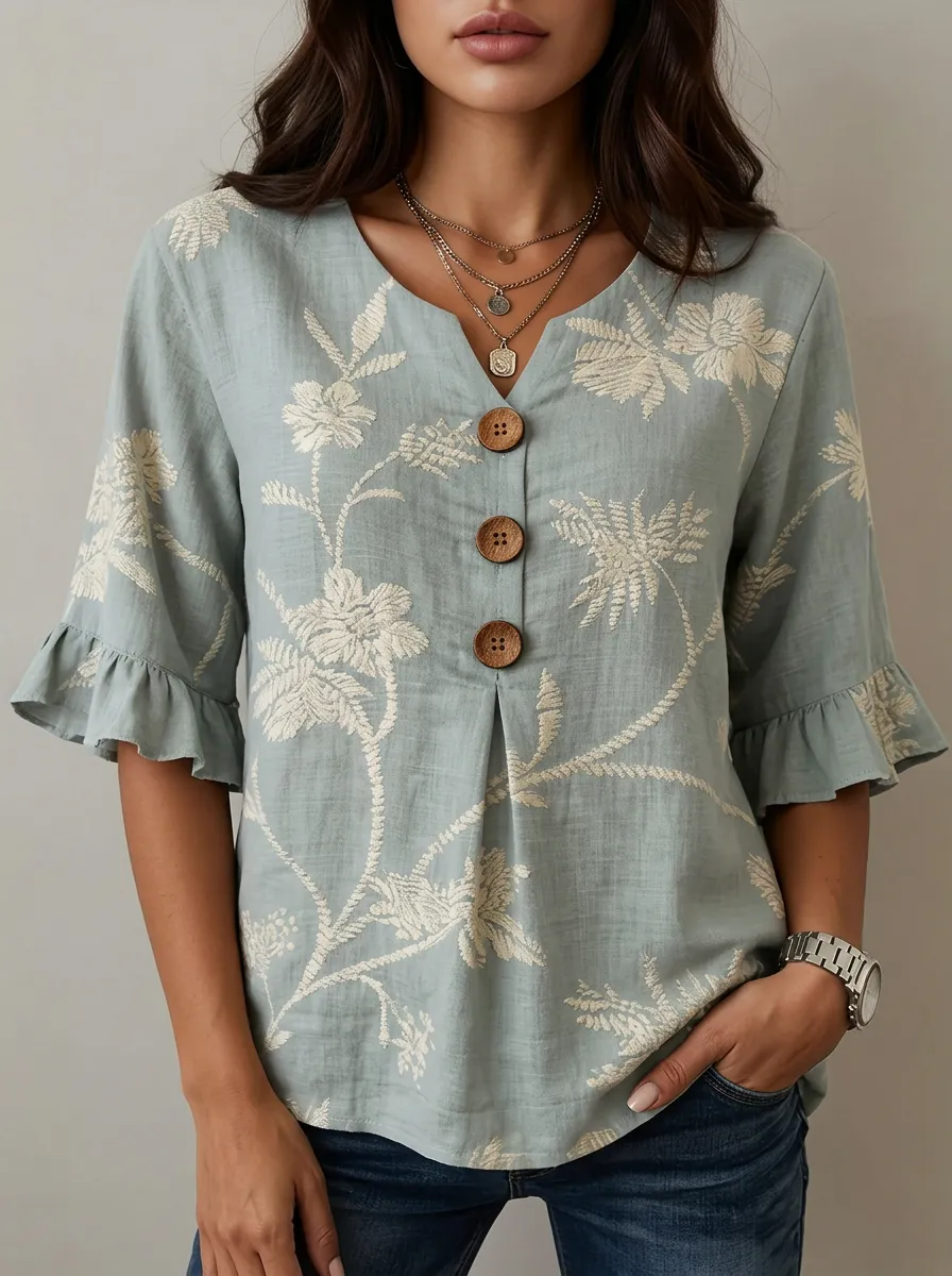Women's Nashville Floral Botanical Embroidered Buttoned Ruffle Top