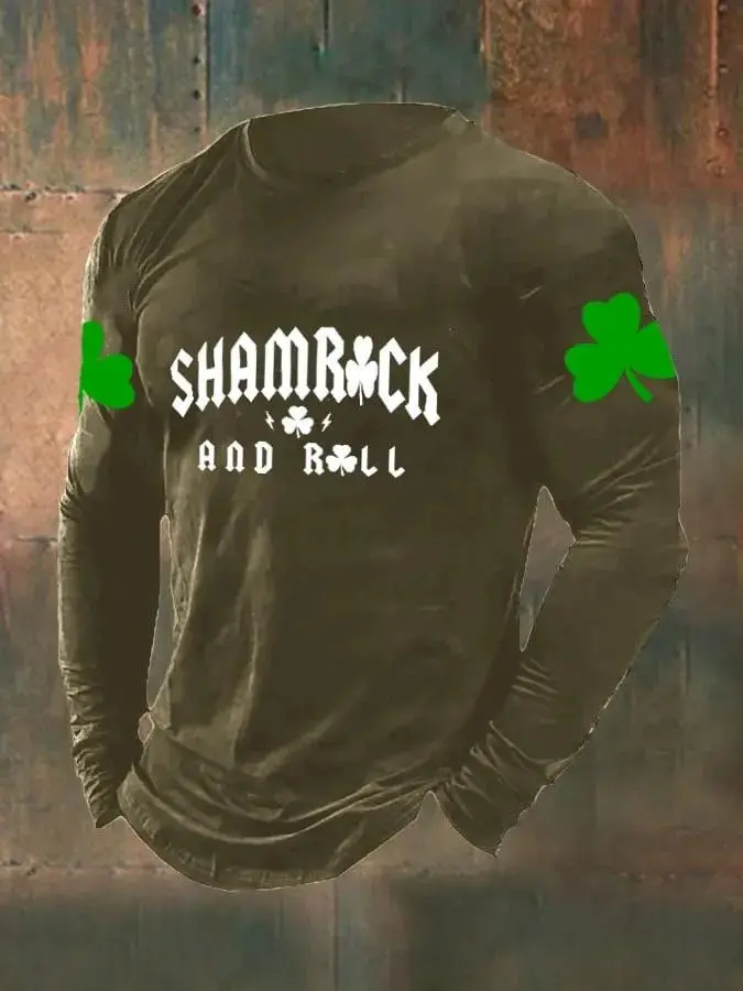 Men's St. Patrick’s Day Shamrock And Roll Print Casual Long Sleeve T-Shirt
