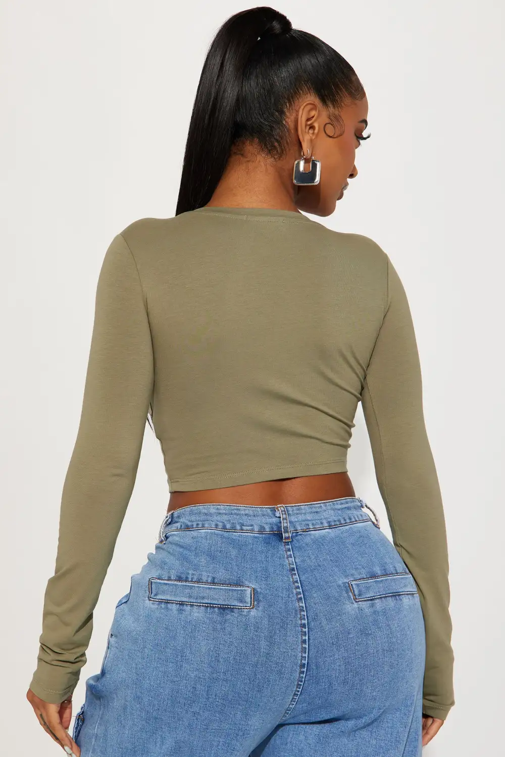 Carly V Neck Crop Long Sleeve Tee - Olive