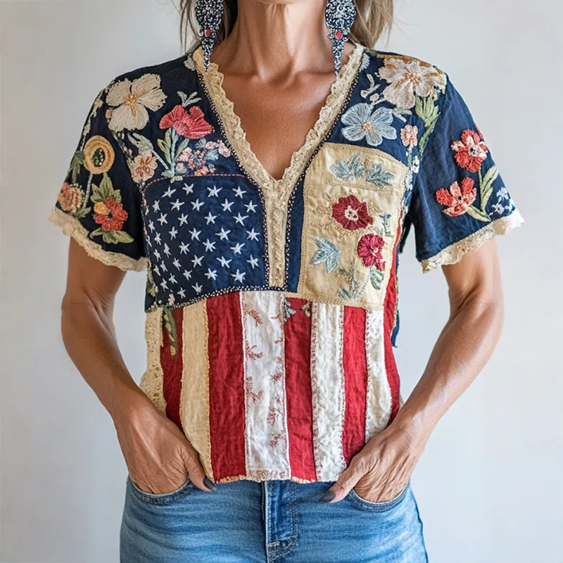 Women's Vintage American Flag Sunflower Floral Embroidery Cotton And Linen V-neck T-shirt