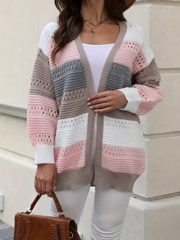 Casual Autumn Wear| Women's Plus Size Color Block Open Front Cardigan - Casual V-Neck, Eyelet Detail, Long Sleeve, Knit Sweater - Machine Washable, Polyester
