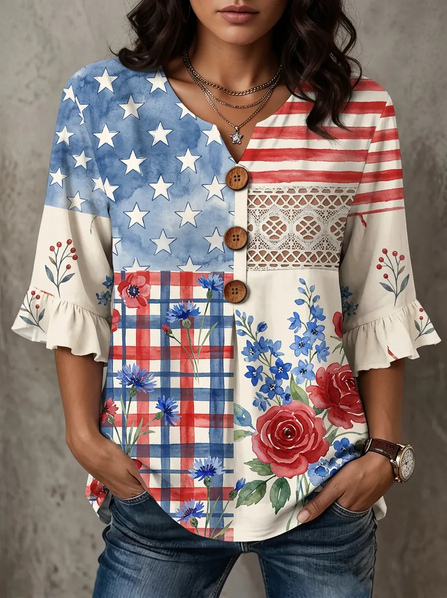 Women's Nashville Patriotic Floral Plaid Printed V-Neck Button Top