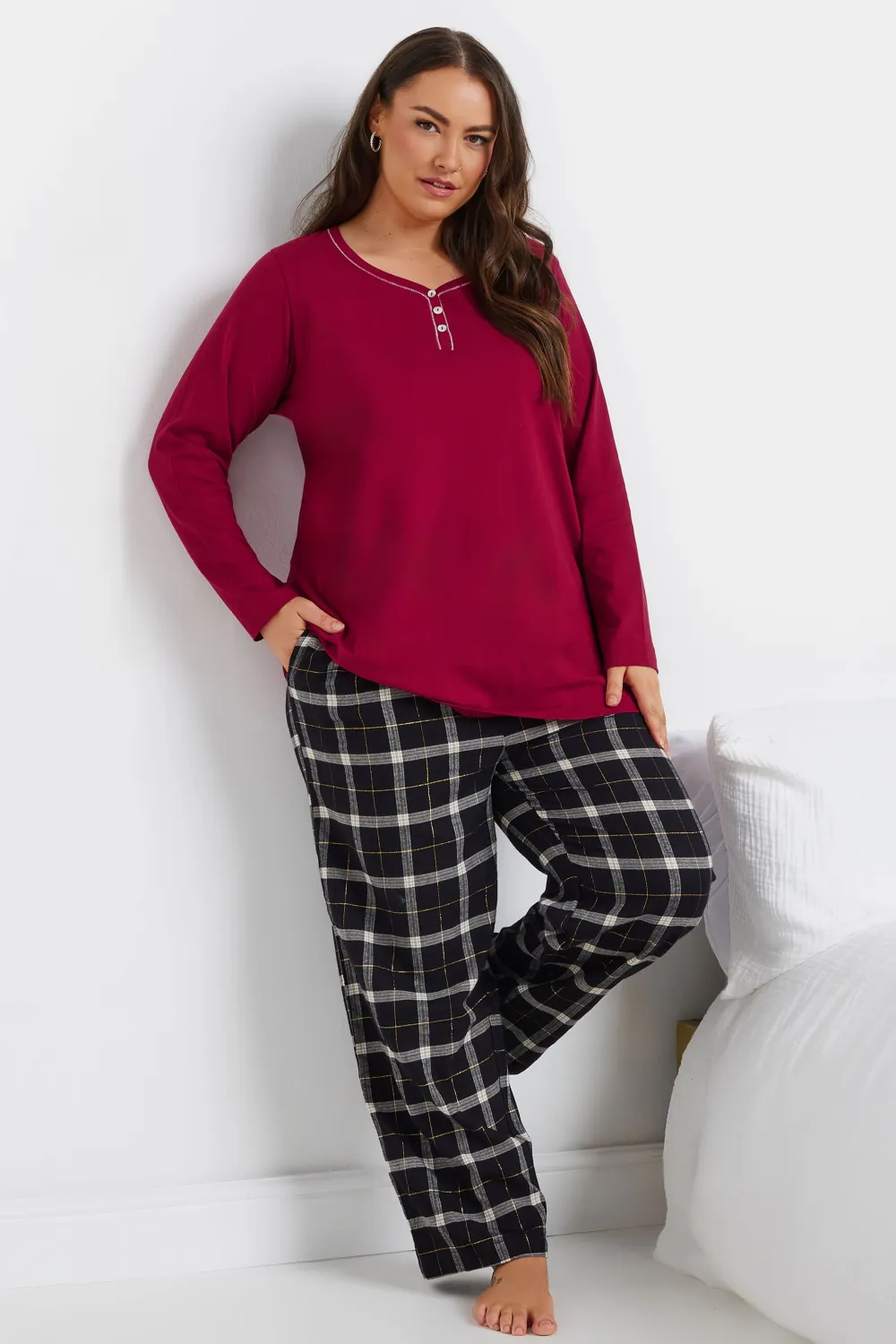 YOURS Curve Red Long Sleeve Placket Pyjama Top