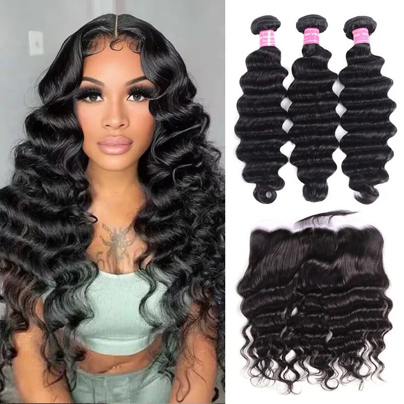 Sterly Unprocessed Loose Deep Wave Virgin Hair 3 Bundles with 13×4 Lace Frontal Hand-tied