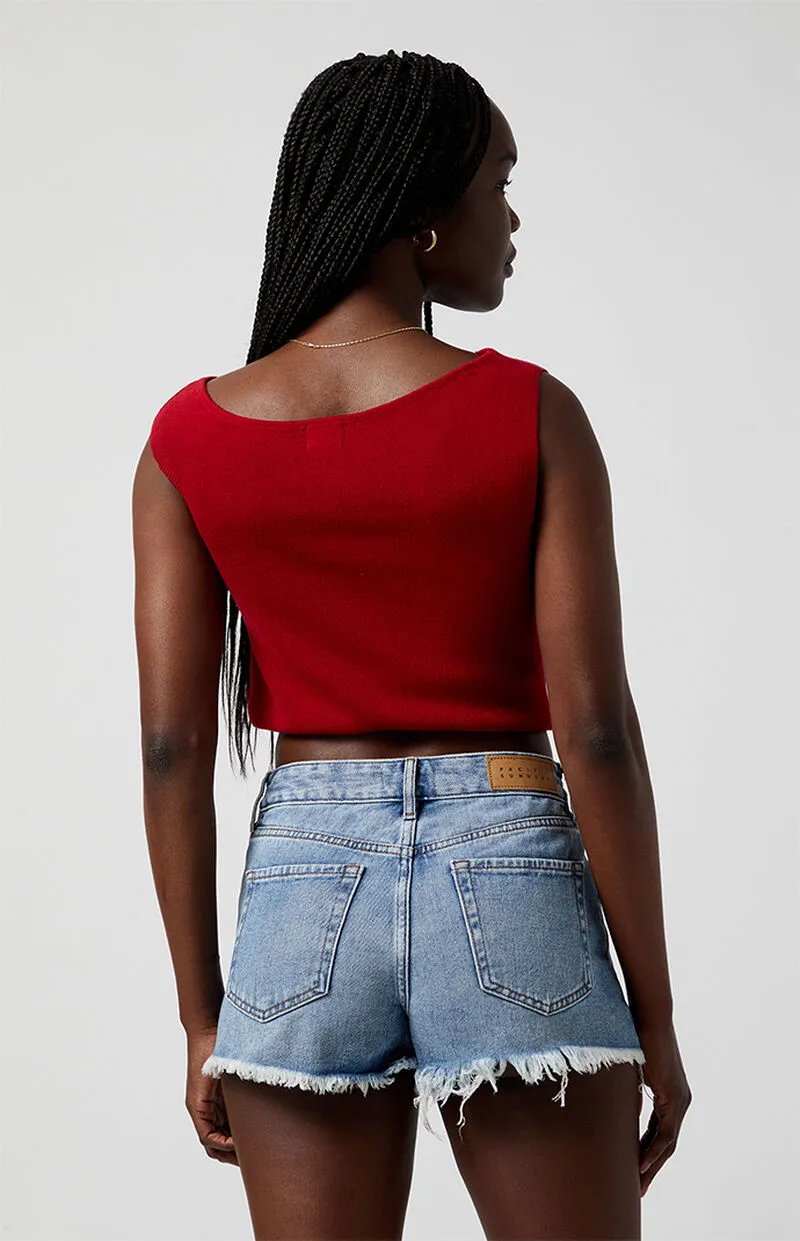 PacSun Medium Indigo Ripped Zip Fly High Waisted Denim Festival Shorts