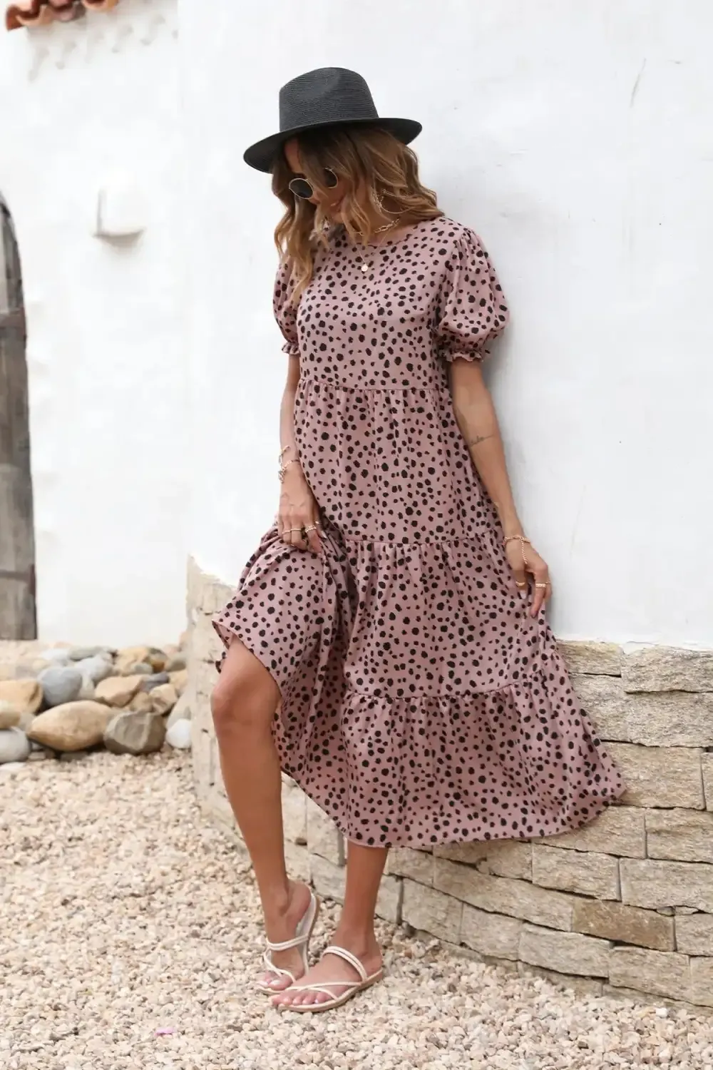Floral Print Ruffle Puff Sleeve High Waist Midi Dresses