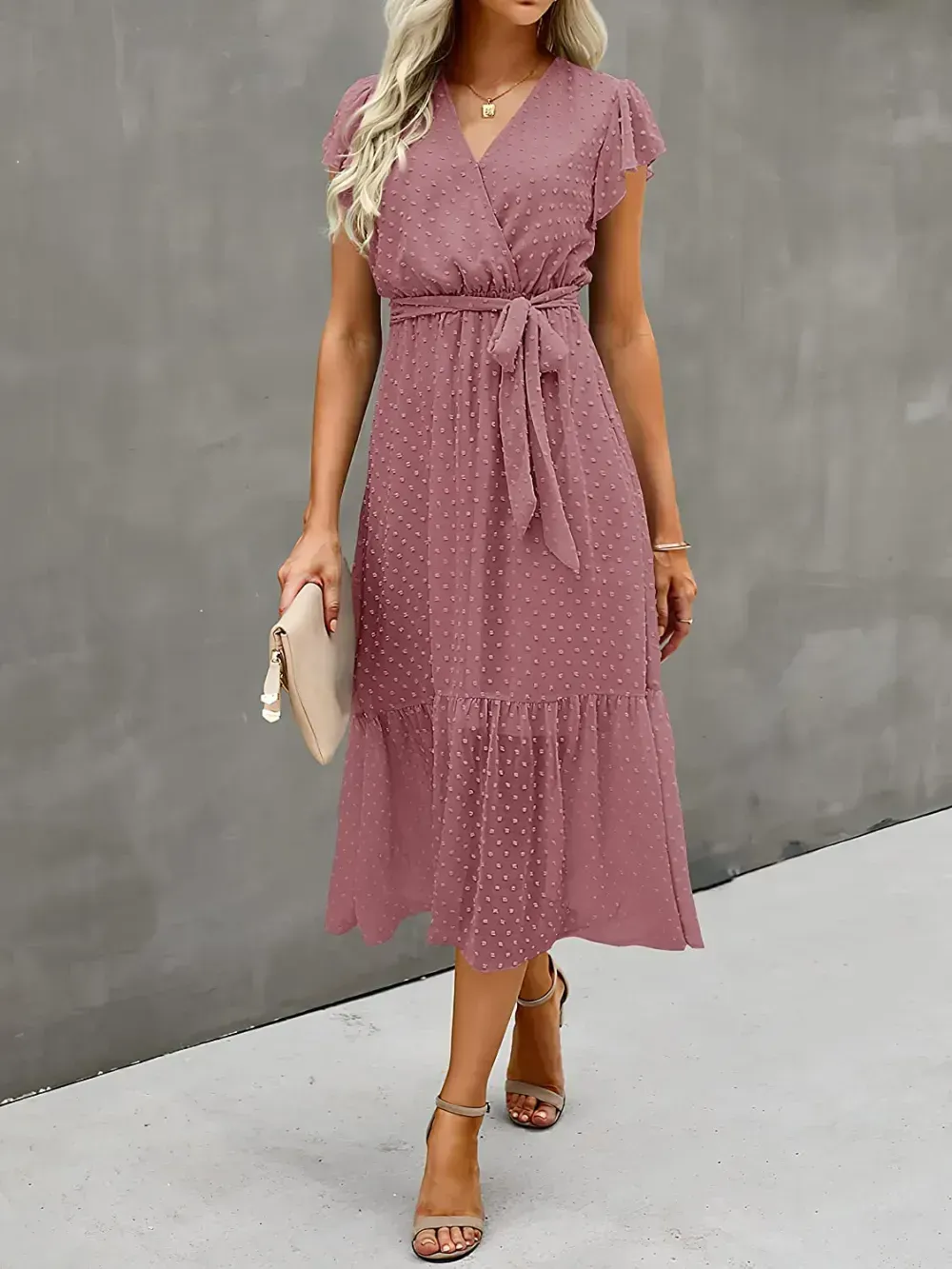 Women Summer Bohemian Floral Casual Wrap V Neck Ruffle Cap Sleeveless Belt A-Line Pleated Hem Swing Midi Sun Dress