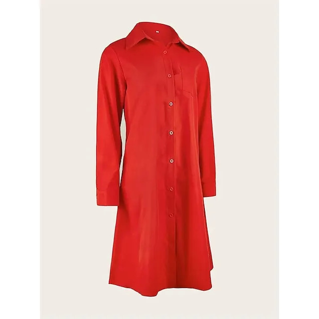 Women's Shirt Dress Casual Dress Shift Dress Midi Dress Outdoor Winter Dress Daily Polyester Elegant Casual Shirt Collar Pocket Rolled Cuff Long Sleeve Summer Winter Fall Spring 2023 Loose Fit Red