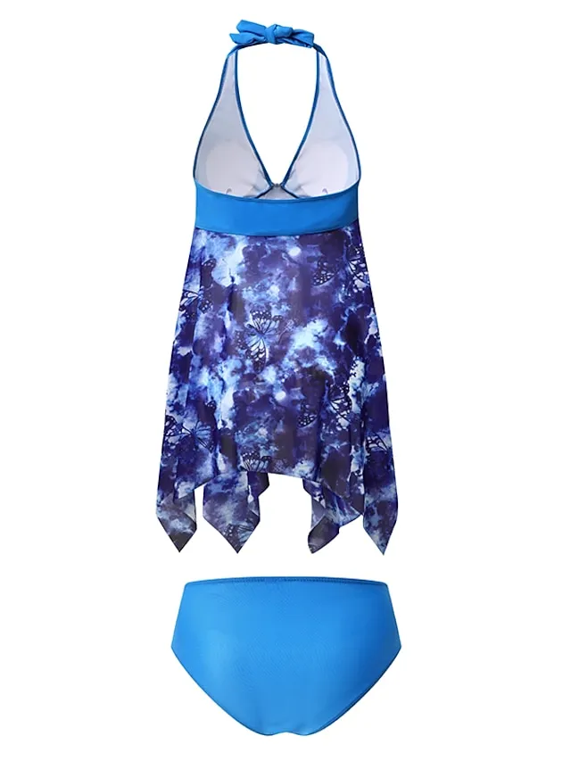 Women's Swimwear Tankini Swim Dress 2 Piece Plus Size Swimsuit Halter 2 Piece Modest Swimwear Push Up Open Back Floral Print Blue Halter V Wire Bathing Suits New Vacation Beach Wear