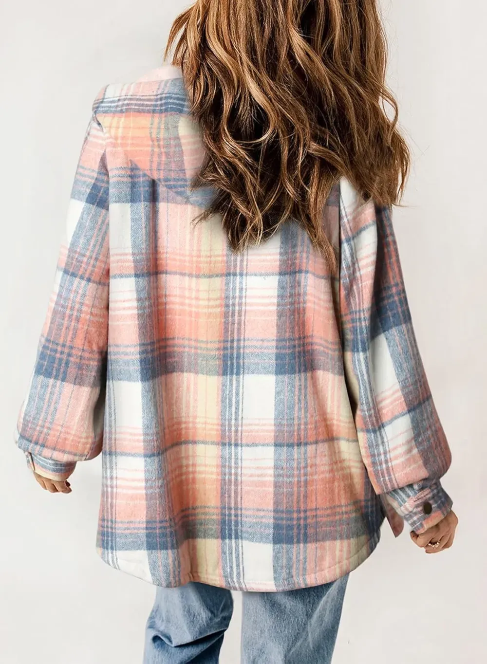 Womens Plaid Shacket Jacket Long Sleeve Button Down Fleece Hooded Jackets Warm Coat