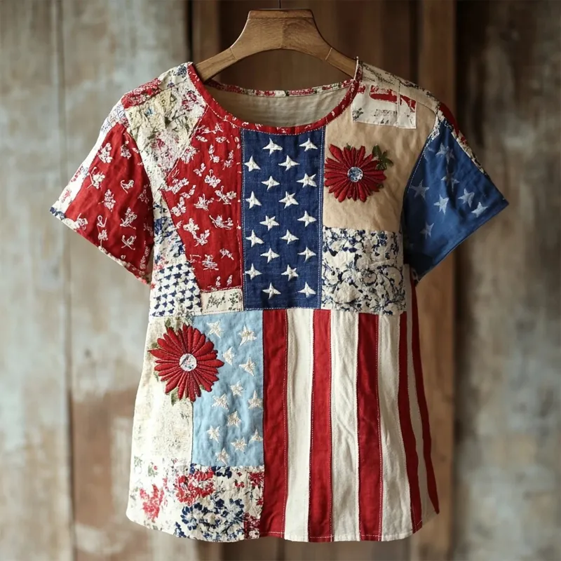 Vintage Flag Inspired Patchworkfloral Embroidered Linen T Shirt
