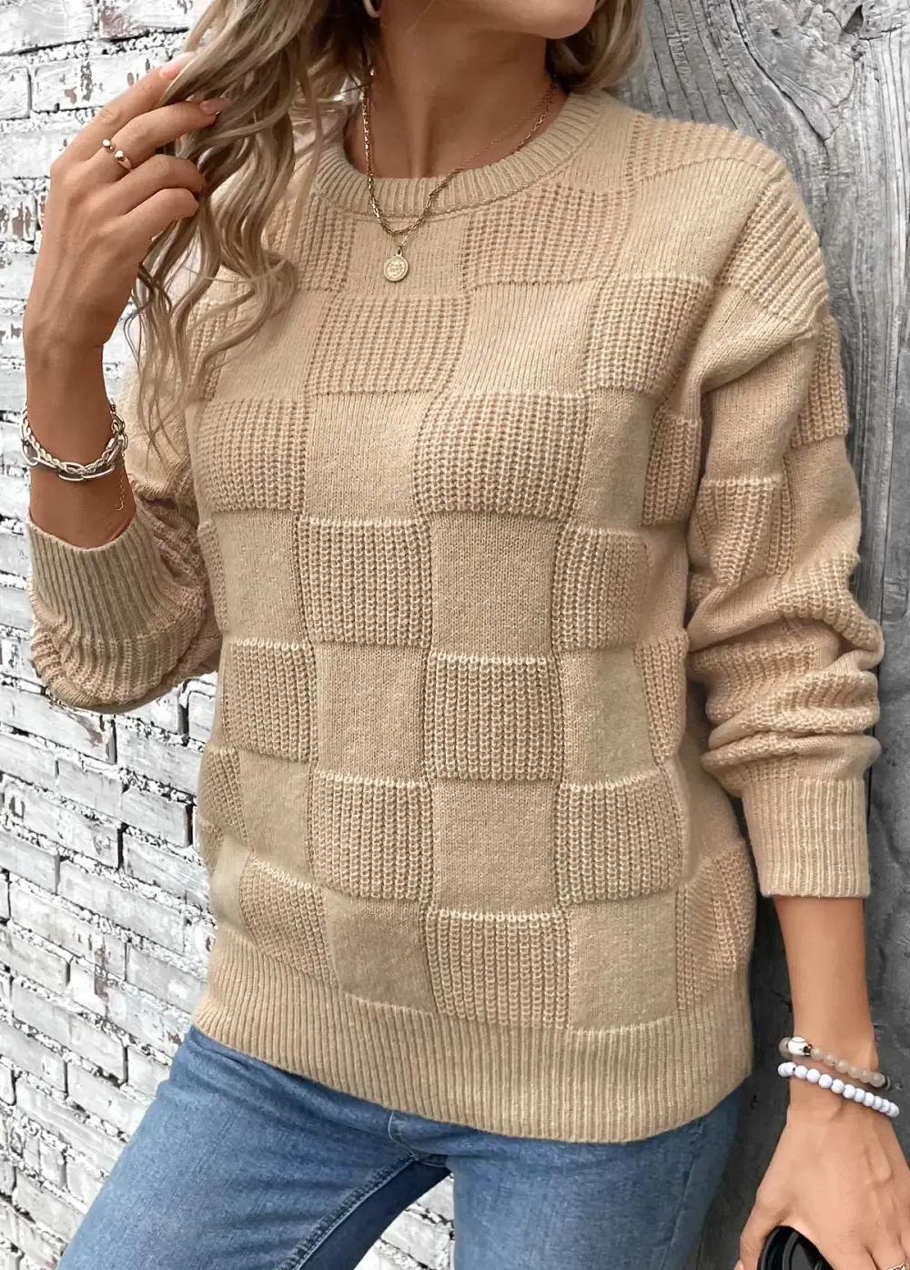 Light Coffee Patchwork Long Sleeve Round Neck Sweater