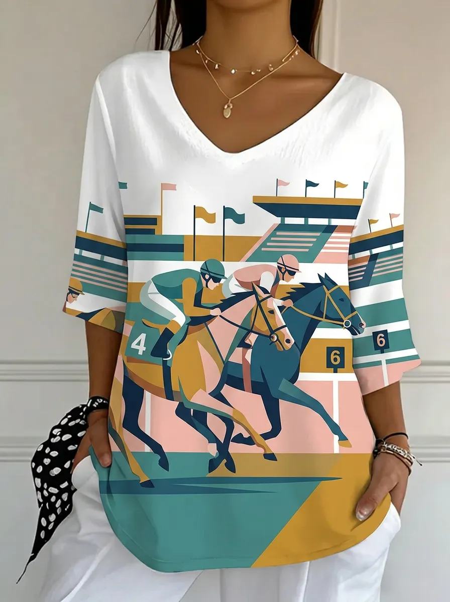 Women's Nashville Horse Racing Jockey Printed V-neck Top
