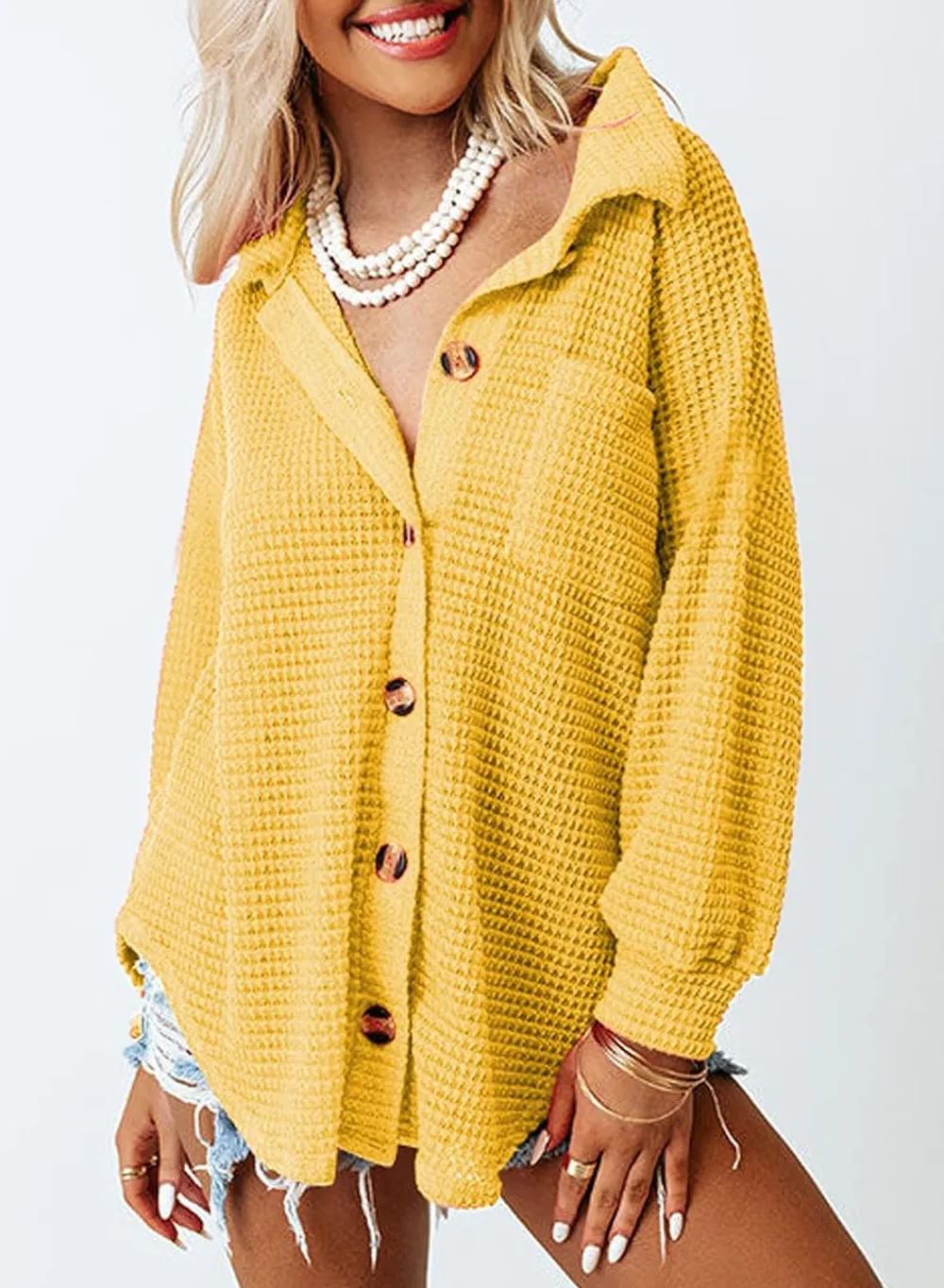 Womens Waffle Knit Button Down Shirts Casual Long Sleeve Shacket Jacket Boyfriend Tops Blouses Loose Fit