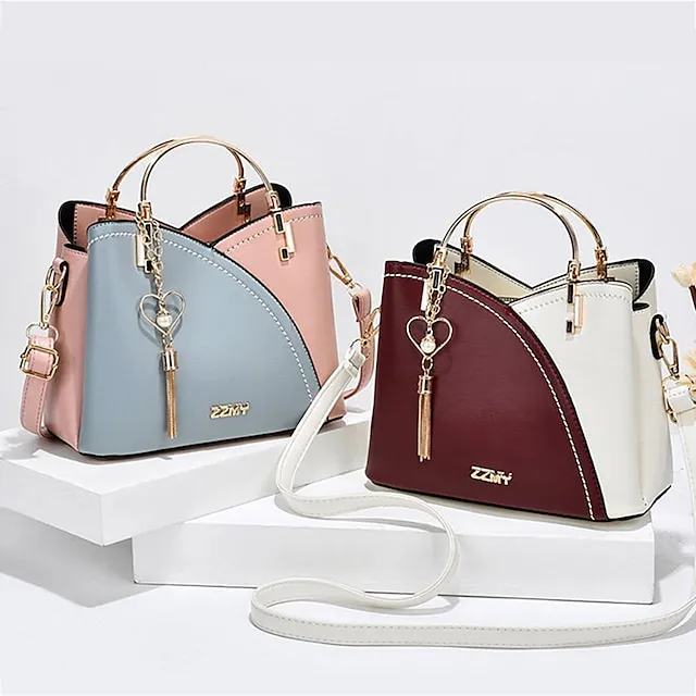 Women's Handbag Crossbody Bag Shoulder Bag PU Leather Office Shopping Daily Pendant Tassel Zipper Adjustable Solid Color Color Block Black / Red White / Green Wine red and white