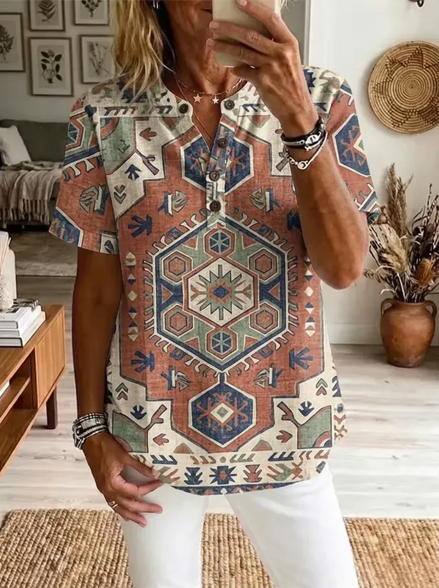 Women's Nashville Western Geometric Printed Henley Shirt