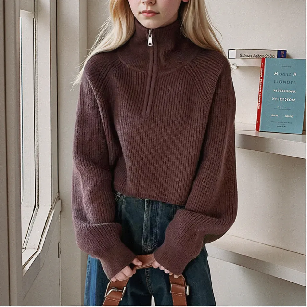 Retro Half Zip Cropped Bat Sleeve Pullover Sweater