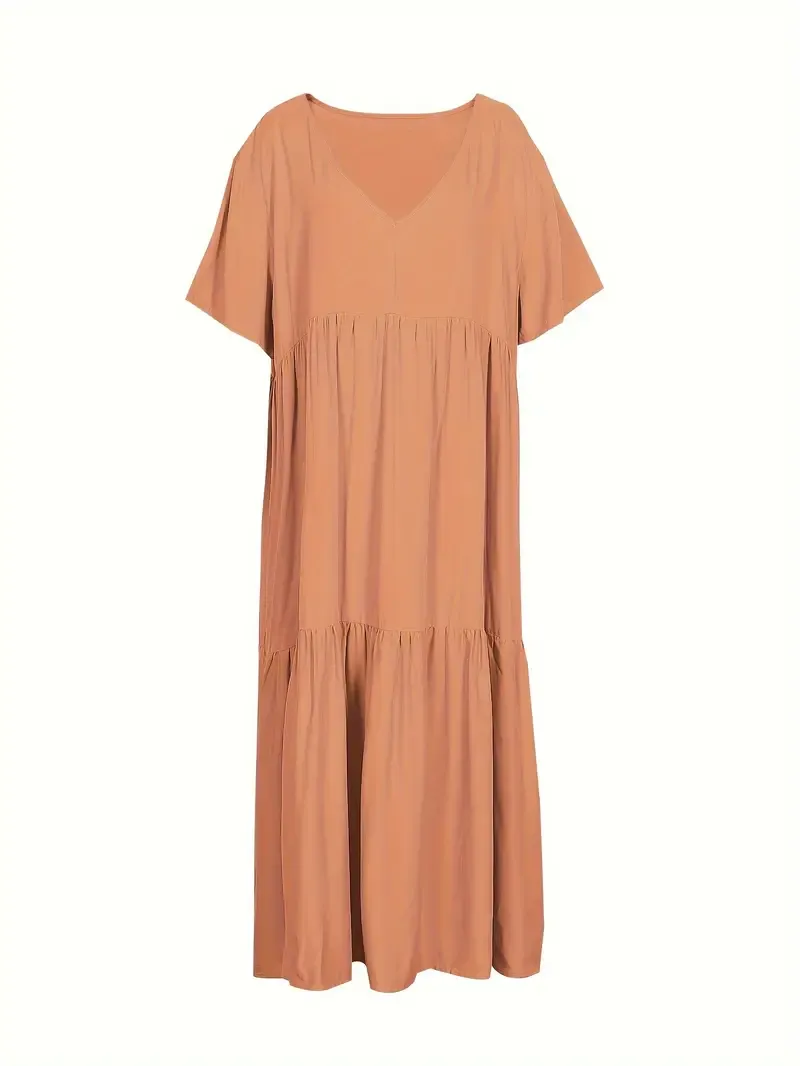 Plus Size Solid Ruched Tiered Dress, Casual Short Sleeve V Neck Loose Dress For Spring & Summer, Women's Plus Size Clothing