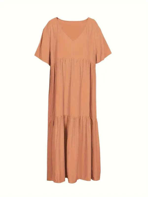 Plus Size Solid Ruched Tiered Dress, Casual Short Sleeve V Neck Loose Dress For Spring & Summer, Women's Plus Size Clothing