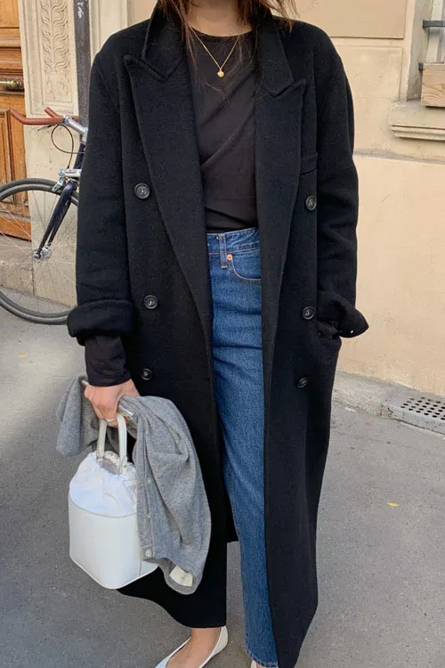 Solid Double Breasted Lapel Coat